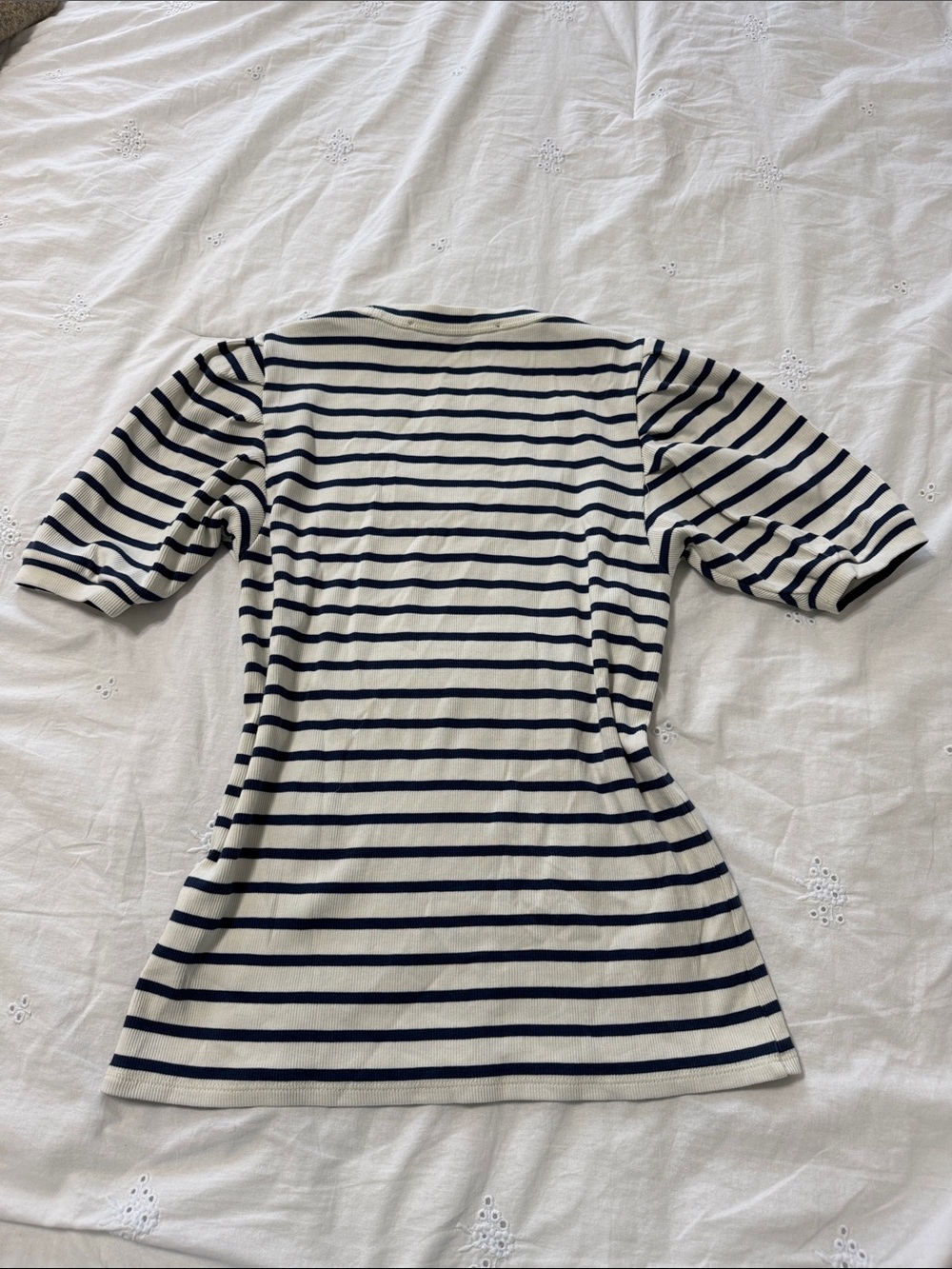 Veronica Beard Navy and White Striped Scoop Neck Short Puffy Sleeve Top - Picture 4 of 4